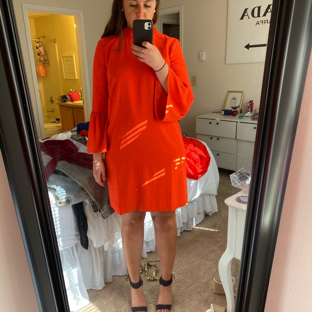 Coral red Jcrew Ruffle Neck Cocktail Dress